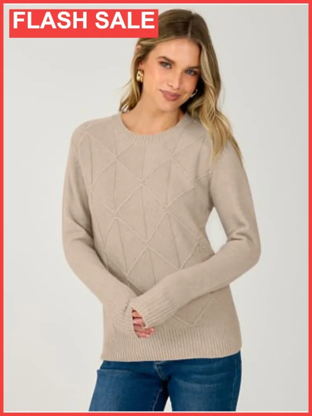 Women's Crewneck Argyle Cable Knit Long Sleeve Pullover Sweater